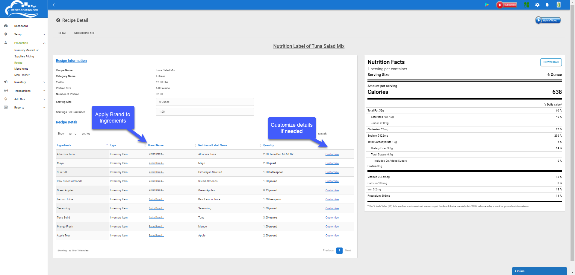 screenshot of Recipe Costing